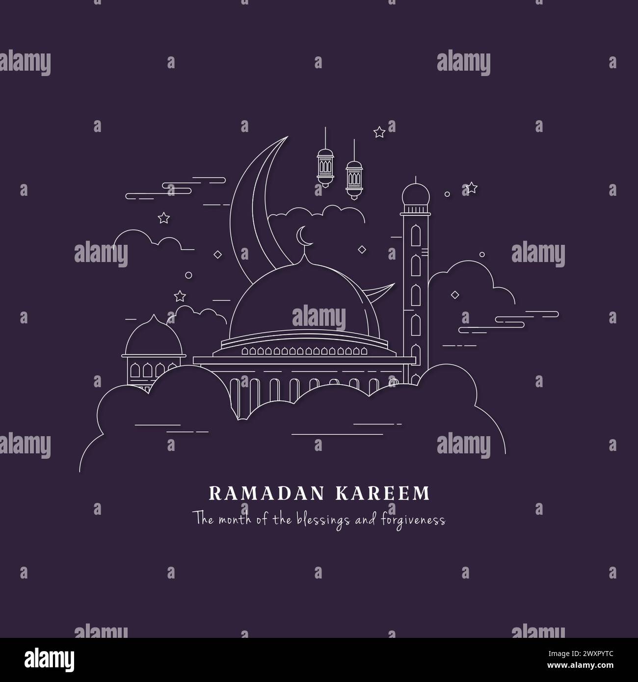 Ramadan Kareem dans le style Line Art avec fond violet Illustration de Vecteur