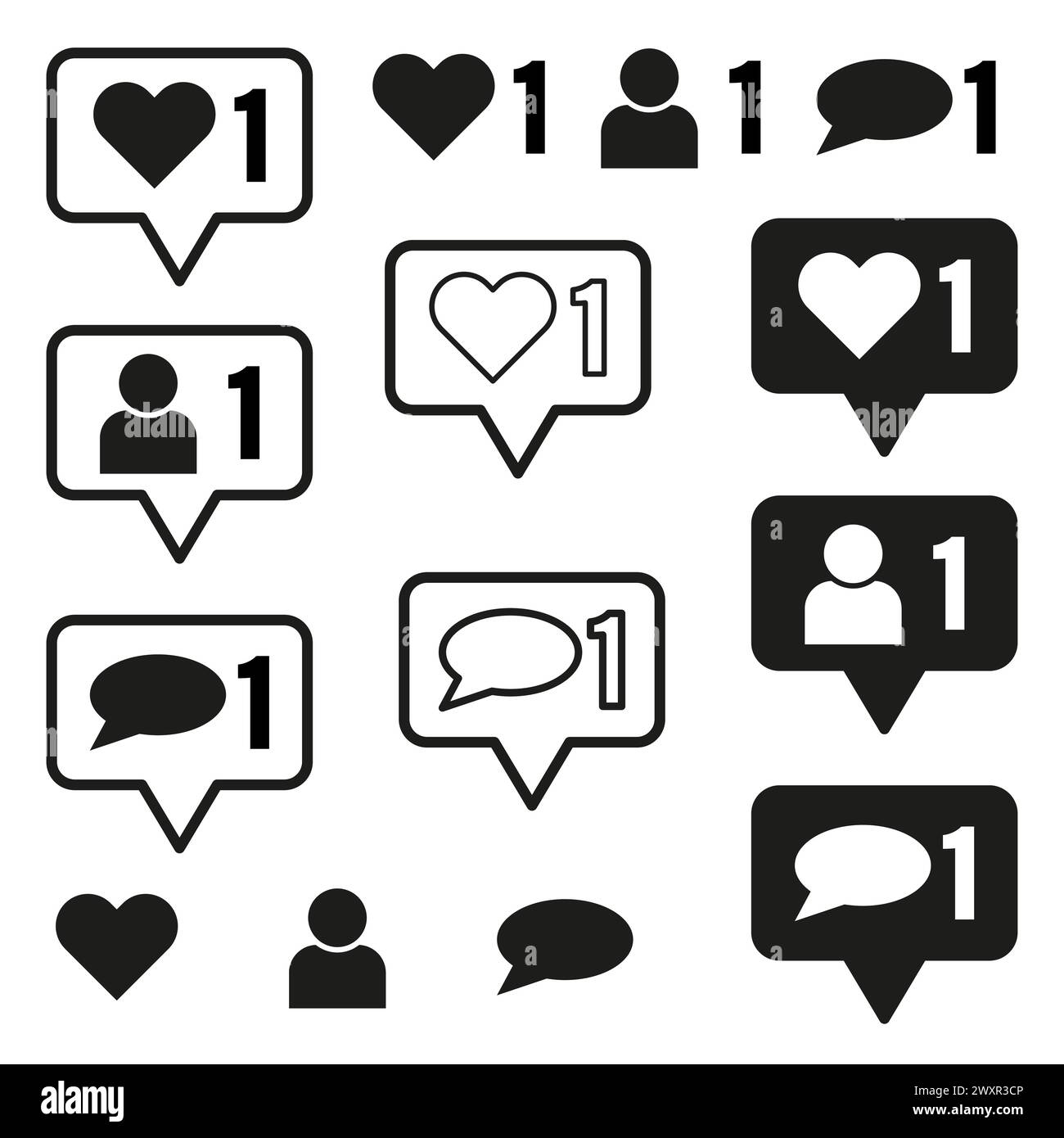 Icônes de notification de médias sociaux définies. Comme, suiveur, symboles de commentaire. Illustration vectorielle. SPE 10. Illustration de Vecteur