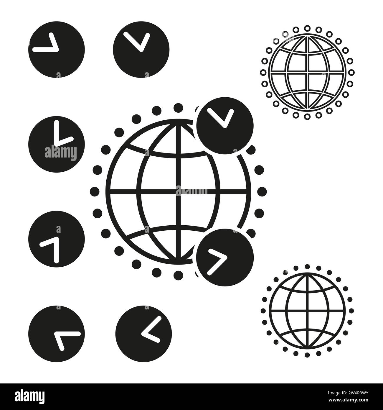Concept de fuseaux horaires globaux. Synchronisation de l'horloge mondiale. Symboles internationaux de chronométrage. Illustration vectorielle. SPE 10. Illustration de Vecteur