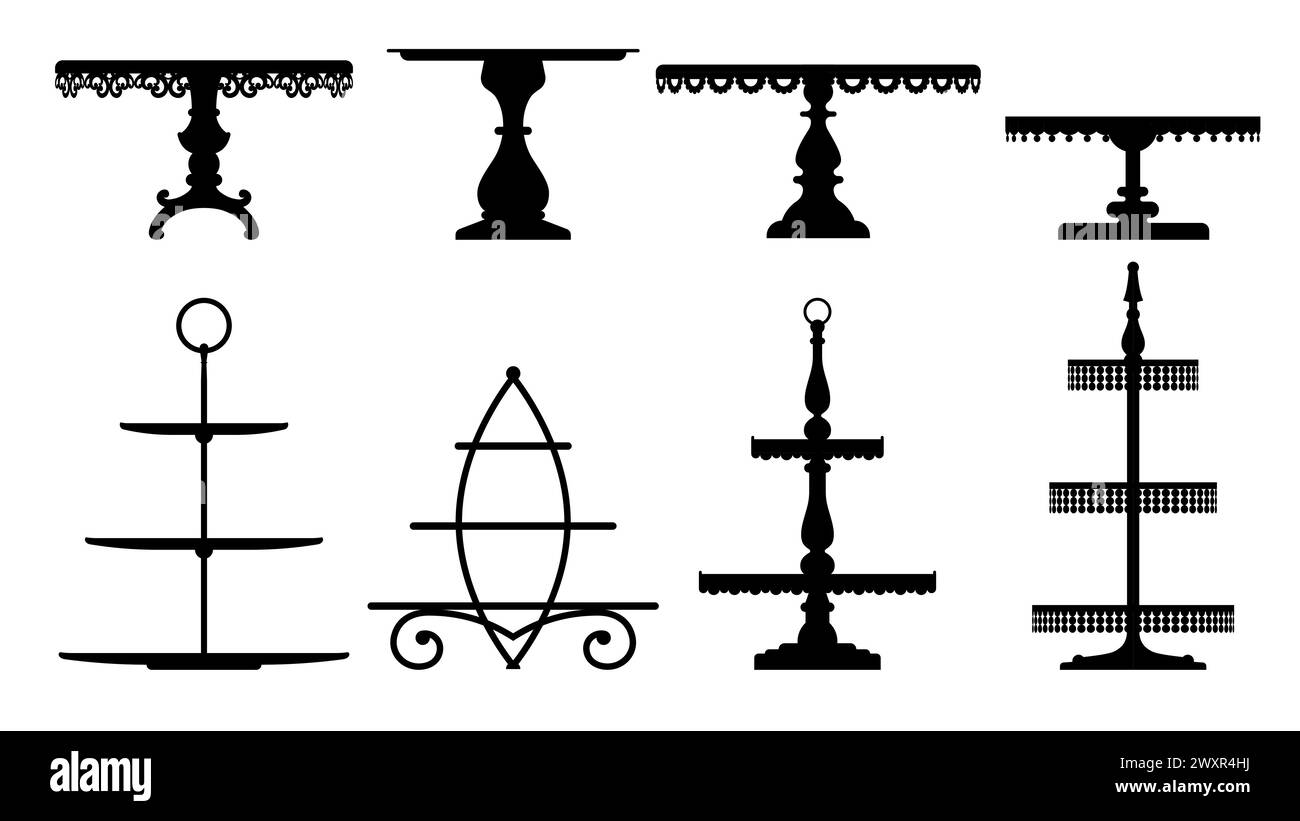 Plateau de gâteau de mariage ou de thé, stand et plateau silhouettes isolées. Ensemble vectoriel de tables ou d'assiettes noires et élégantes pour les fruits et les desserts servis lors d'événements festifs et de cérémonies. Plats alimentaires en couches Illustration de Vecteur