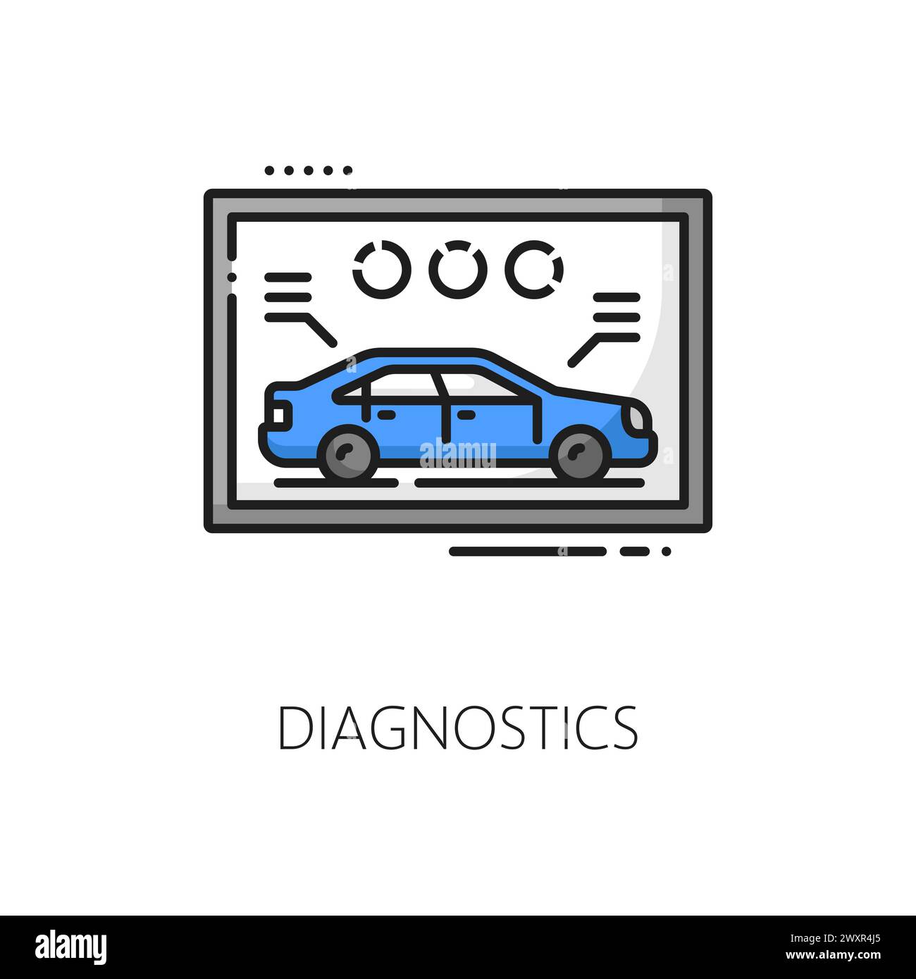 Icône de ligne de diagnostic de voiture, service automatique de concession pour la garantie d'achat de véhicule, vecteur de contour. Salon de concessionnaire automobile ou service de centre de commerce automobile de diagnostics automobiles pour les affaires de vente de voiture Illustration de Vecteur