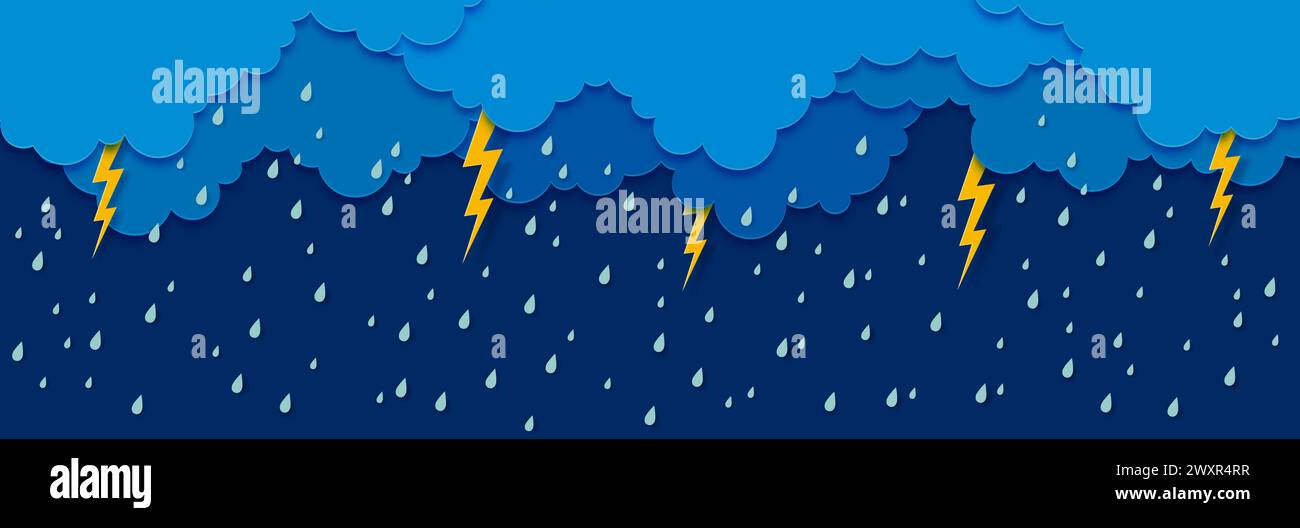 Pluie coupée en papier avec des nuages de ciel, des gouttes d'eau et des éclairs. Fascinant 3d vecteur Papercut douche sur fond nuageux avec des gouttelettes d'eau suspendues au milieu des airs et des flashes éclairant la scène atmosphérique Illustration de Vecteur