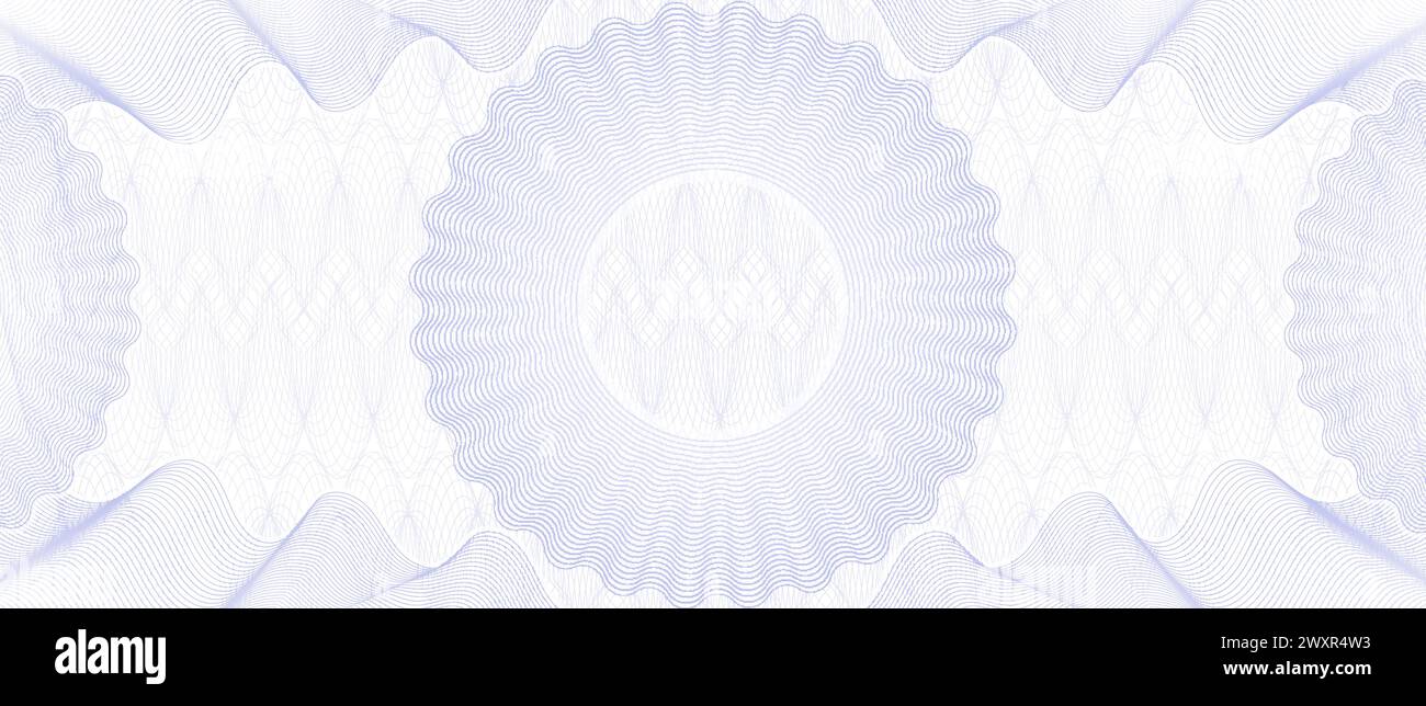 Filigrane guilloche de chèque et fond de modèle de papier d'argent. Chèque ou chèque bancaire vectoriel, certificat-cadeau, bon ou coupon, billet de banque en devise ou fond de facture avec motif de lignes bleues en spirale Illustration de Vecteur