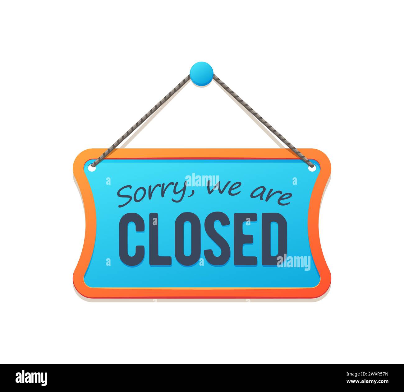 Désolé, nous sommes fermé panneau, panneau d'avis de magasin. Restaurant bienvenue panneau ouvert, panneau d'avis de message d'affaires ou magasin que nous sommes fermés accrochés sur la bannière vectorielle d'entrée de corde Illustration de Vecteur