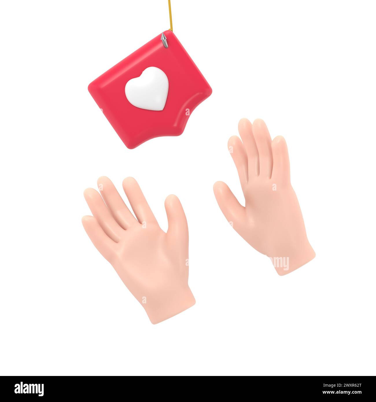 Icône de geste de dessin animé Mockup.mains atteignant une épingle avec un cœur sur un crochet. Métaphore sociale, révélant le concept de manipulation de l'opinion et du gre Banque D'Images