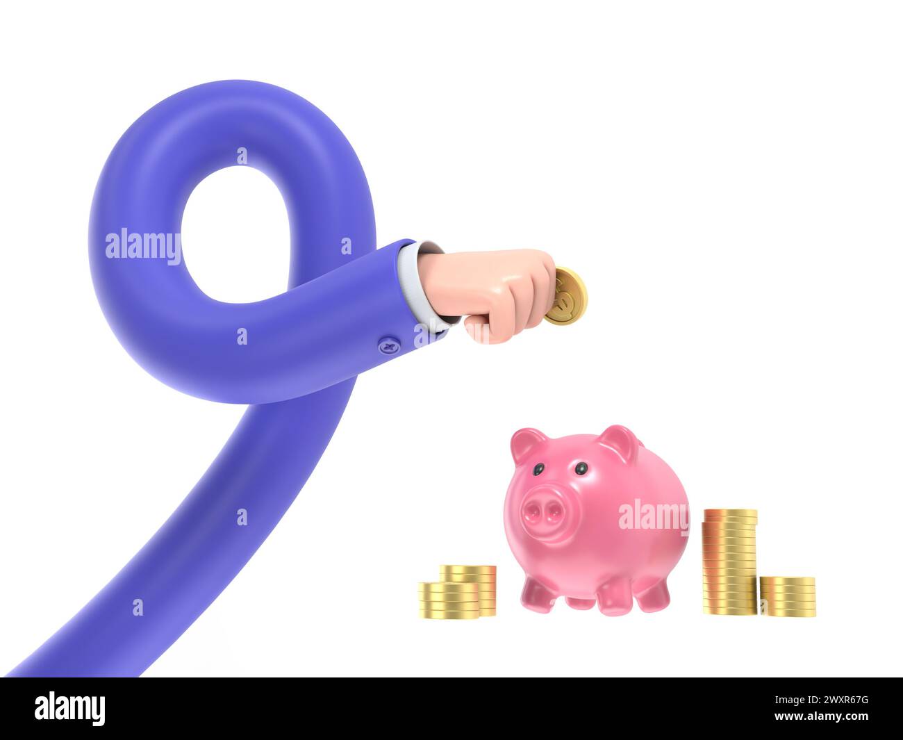 Plat 3d isométrique main d'homme d'affaires mettant la pièce de dollar dans la tirelire. Concept financier et économique.3D render.long Arms concept. Banque D'Images