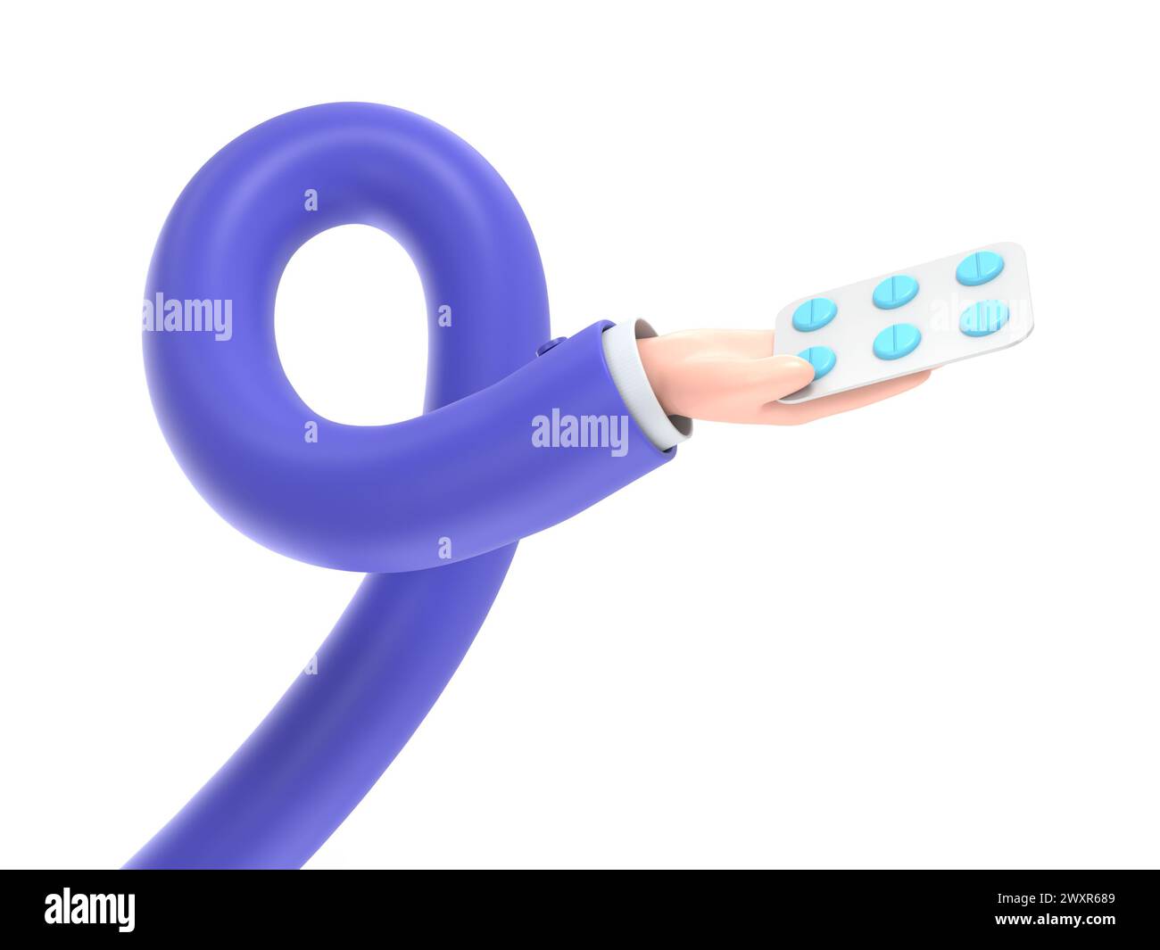 rendu 3d. Icône Pack de pilules. Docteur ou pharmacien main de dessin animé avec la peau noire tenant des médicaments. Illustration médicale de soins de santé.concept de bras longs. Banque D'Images