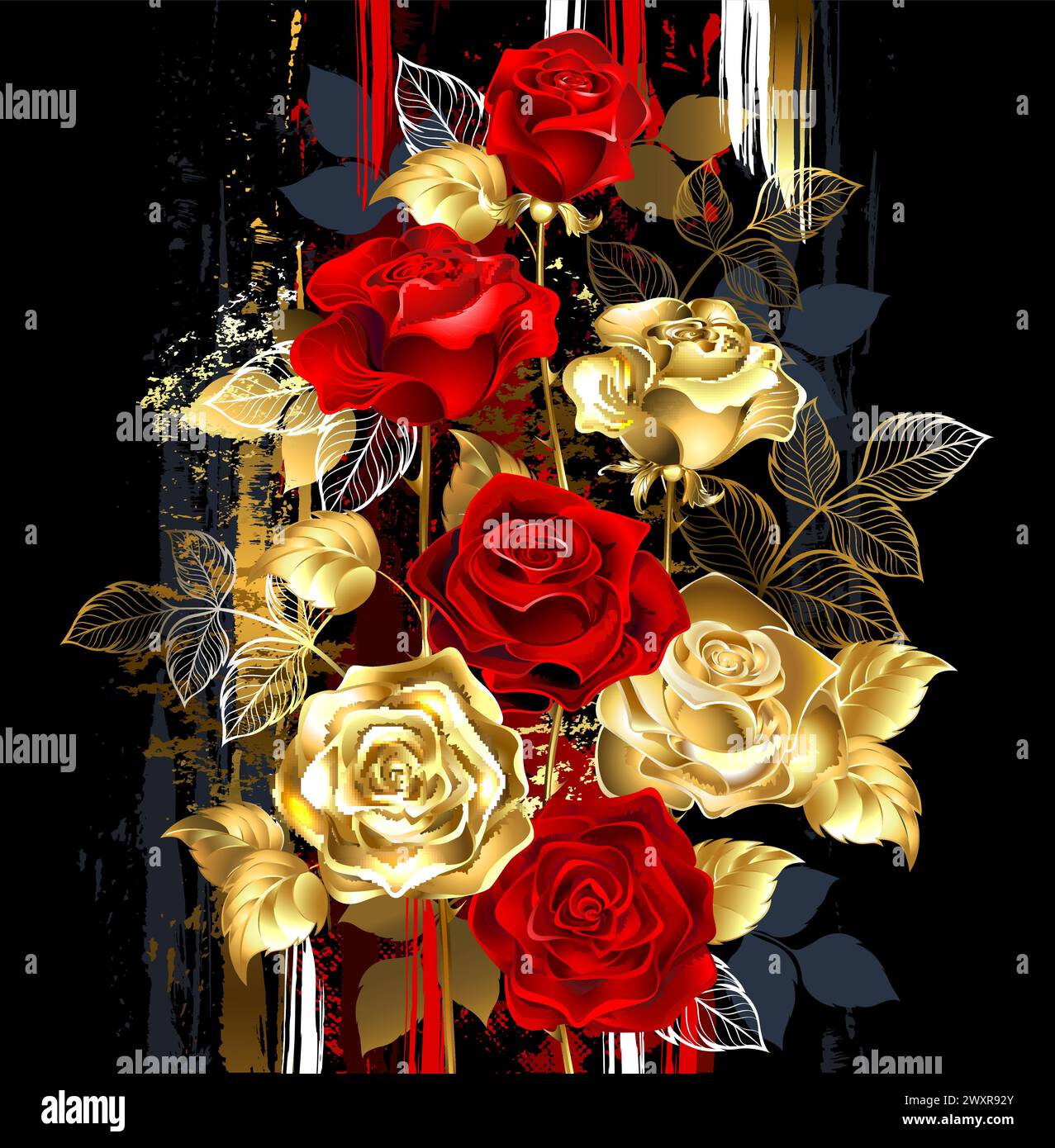 Composition florale d'or, bijoux, roses brillantes et rouges, roses fleuries sur fond sombre peint avec de grands traits de peinture. Gold Rose. Art P Illustration de Vecteur