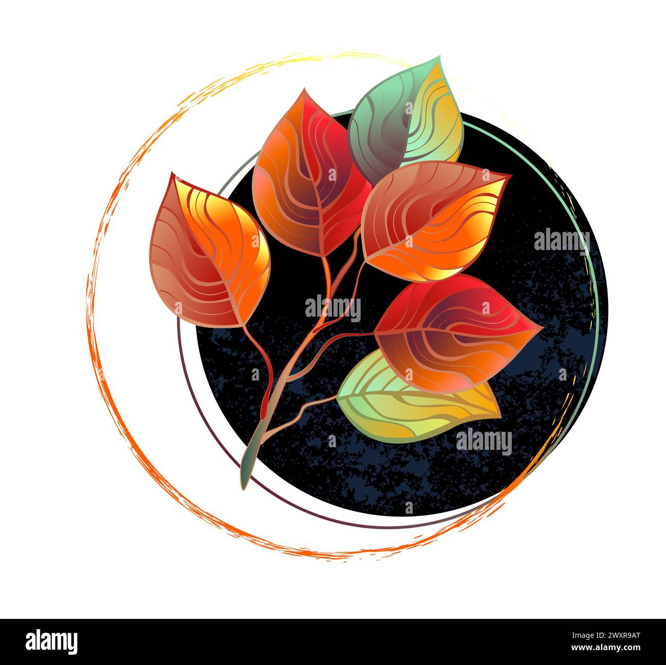 Composition florale asymétrique d'une branche d'eucalyptus dessinée artistiquement avec des feuilles décoratives rouges et vertes avec un cercle texturé noir sur b blanc Illustration de Vecteur