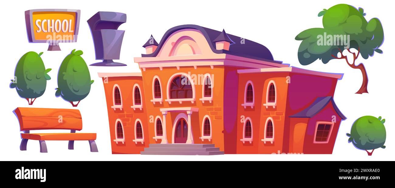 Bâtiment scolaire à l'extérieur avec éléments de cour. Ensemble d'illustration vectorielle de dessin animé de l'extérieur de la maison d'éducation avec mur de briques rouges, signe et banc, arbres verts et buissons, poubelle. Architecture d'école Illustration de Vecteur