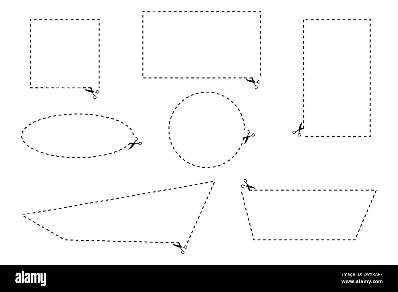 Icône de ciseaux vectoriels, lignes pointillées avec des symboles de ciseaux, ligne de coupe avec des ciseaux. Illustration de Vecteur
