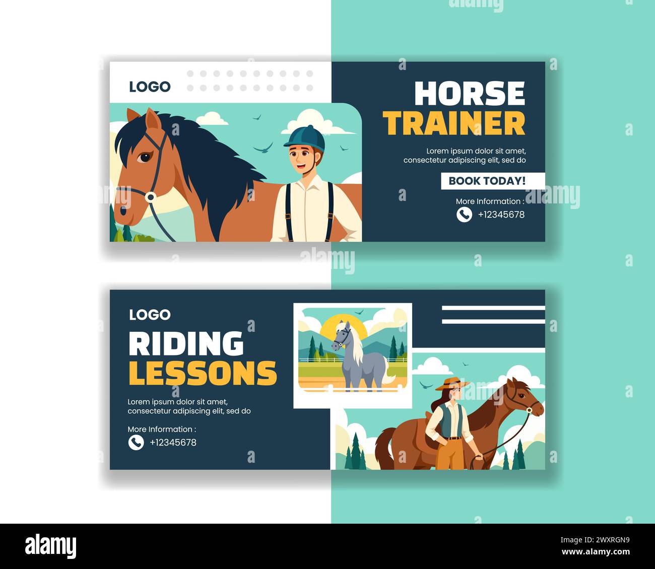 Horse Trainer bannière horizontale Flat Cartoon modèles dessinés à la main illustration de fond Illustration de Vecteur