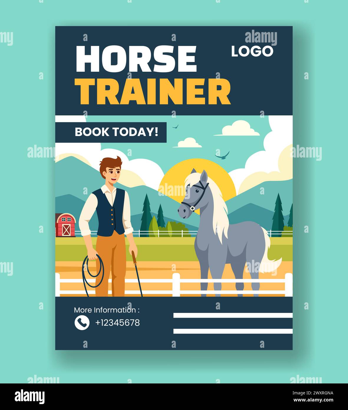 Horse Trainer vertical Poster Flat Cartoon Hand Drawn Templates illustration de fond Illustration de Vecteur