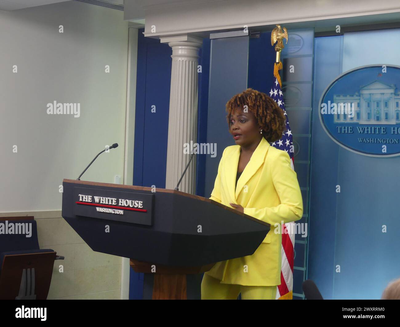 The White House, 1600 Pennsylvania Ave, Washington DC 20500, 1er avril 2024. Karine Jean-Pierre, attachée de presse de la Maison Blanche, tient un point de presse de la Maison Blanche, couvrant un certain nombre de sujets d'actualité, y compris la guerre de Gaza et l'effondrement du pont de Baltimore. Crédit : ©Julia Mineeva/EGBN TV News/Alamy Live News Banque D'Images