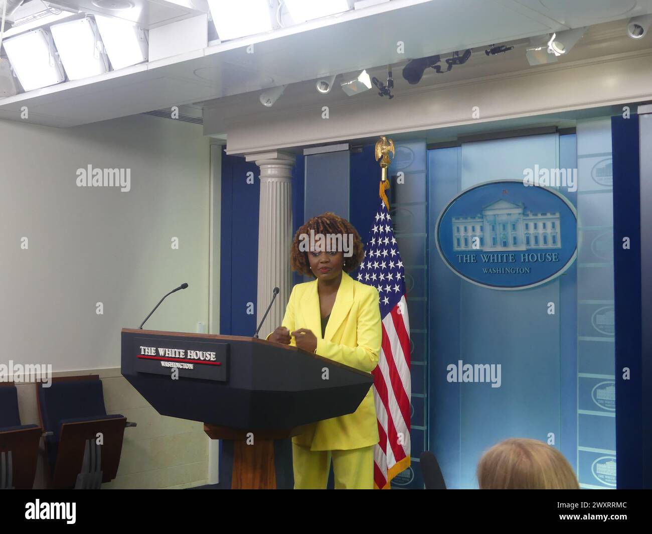 The White House, 1600 Pennsylvania Ave, Washington DC 20500, 1er avril 2024. Karine Jean-Pierre, attachée de presse de la Maison Blanche, tient un point de presse de la Maison Blanche, couvrant un certain nombre de sujets d'actualité, y compris la guerre de Gaza et l'effondrement du pont de Baltimore. Crédit : ©Julia Mineeva/EGBN TV News/Alamy Live News Banque D'Images