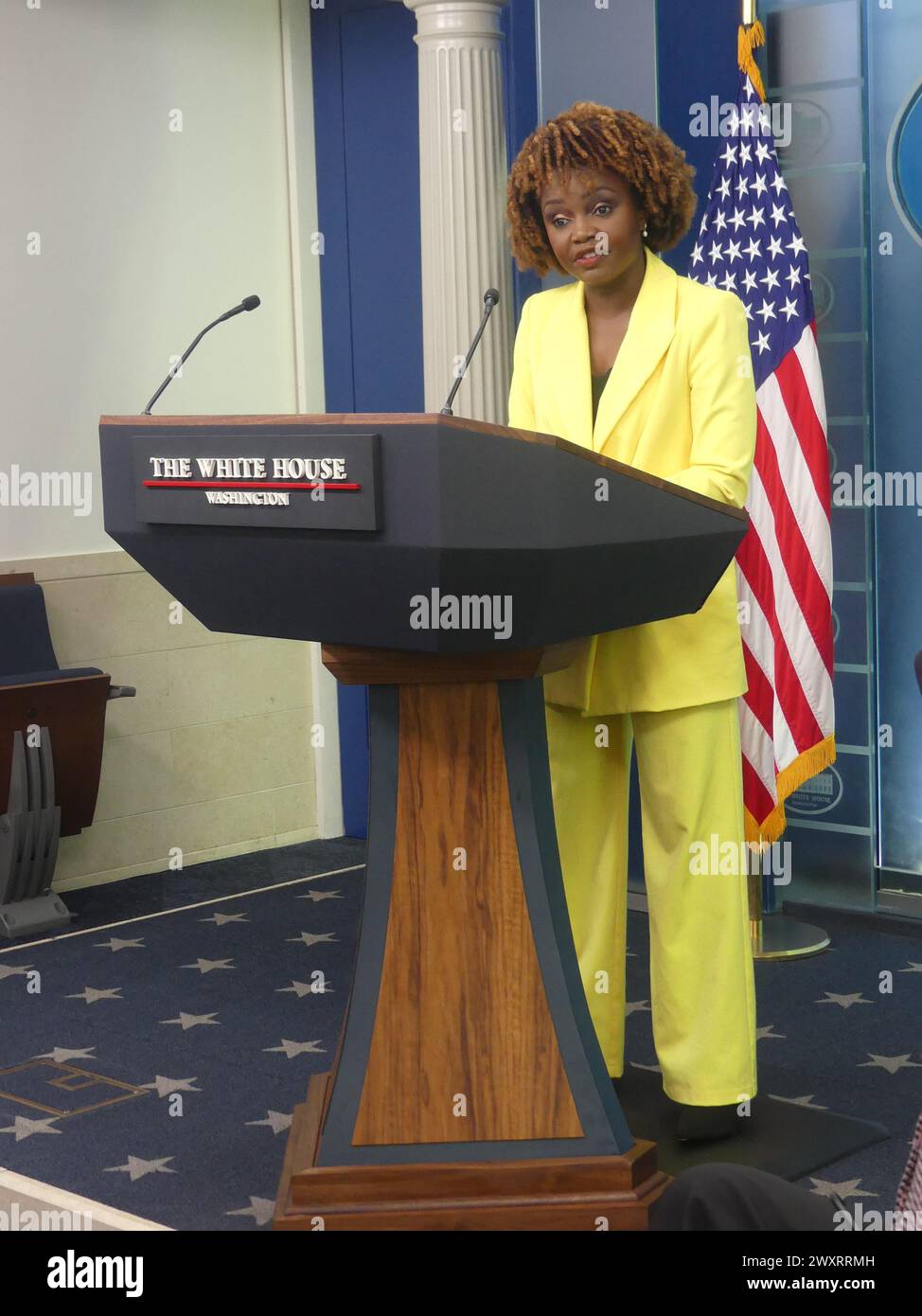 The White House, 1600 Pennsylvania Ave, Washington DC 20500, 1er avril 2024. Karine Jean-Pierre, attachée de presse de la Maison Blanche, tient un point de presse de la Maison Blanche, couvrant un certain nombre de sujets d'actualité, y compris la guerre de Gaza et l'effondrement du pont de Baltimore. Crédit : ©Julia Mineeva/EGBN TV News/Alamy Live News Banque D'Images
