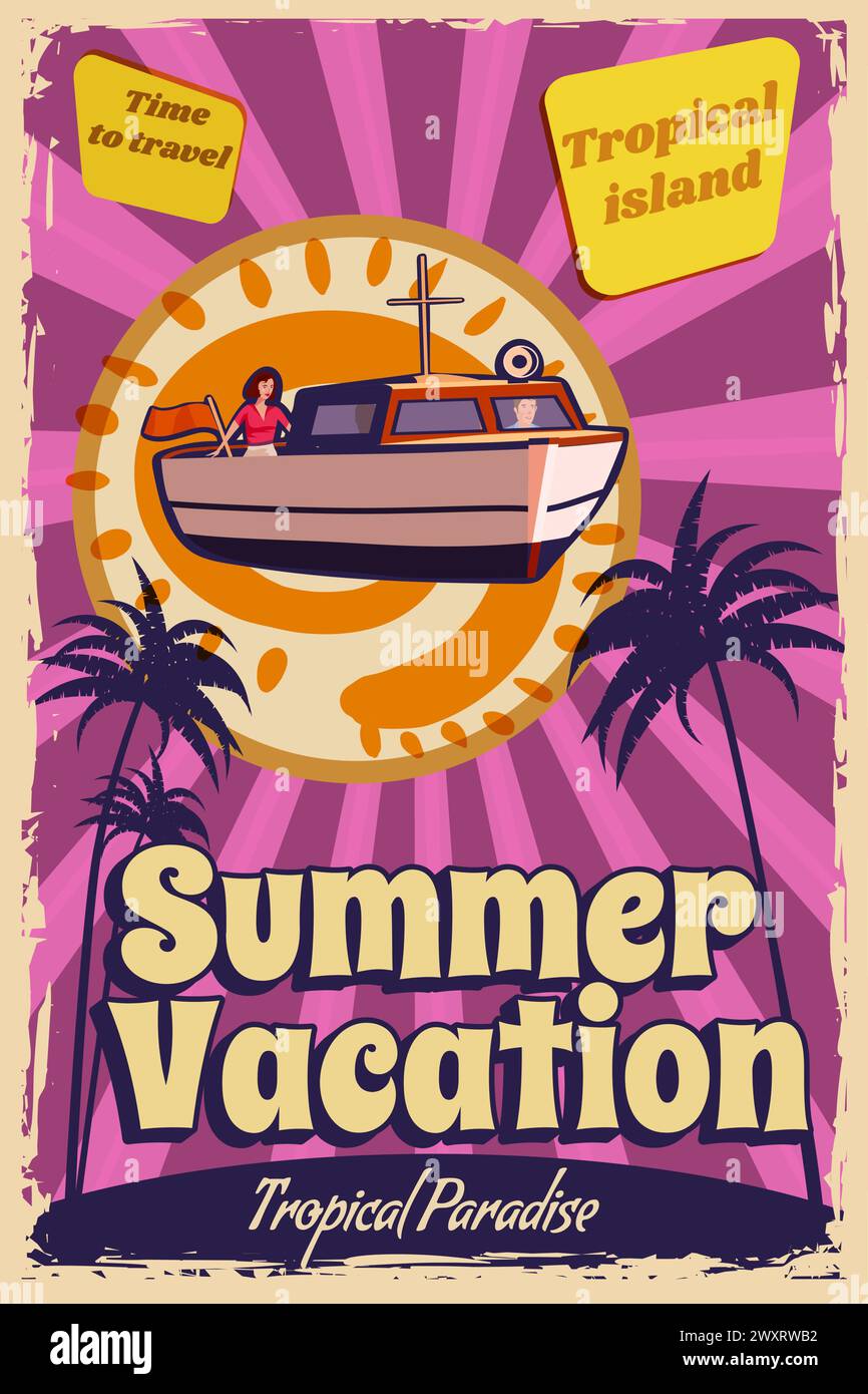Affiche vacances d'été rétro, hors-bord sur l'océan, île, côte, palmiers Illustration de Vecteur
