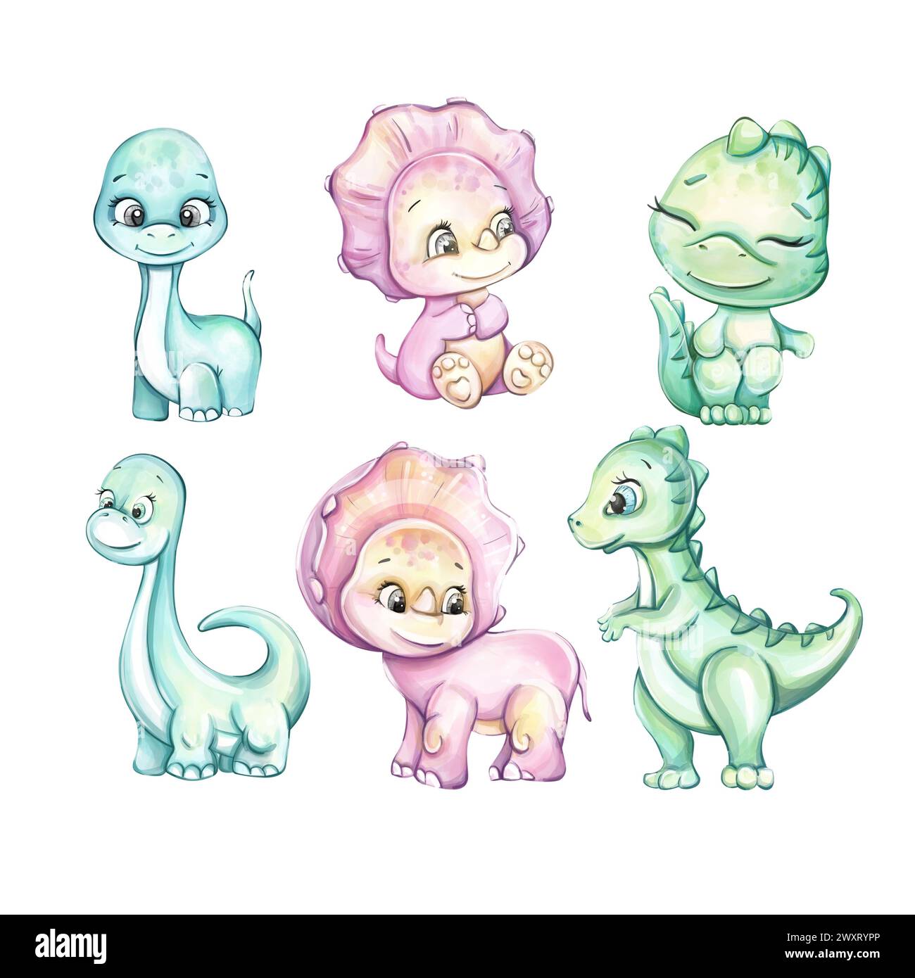 Aquarelle bébé mignon dinosaure Dino famille. Dessin animé pour la pépinière, babyshower, décor, autocollants, imprimés textiles avec des animaux historiques Banque D'Images