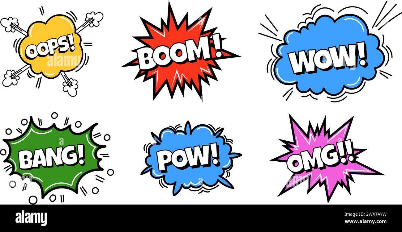 Collection de bulles comiques POW. Bulles de dialogue sonore avec mot - WOW, Bang, OMG et autres. Expression pop art en couleurs vives et contour noir. Illustration de Vecteur