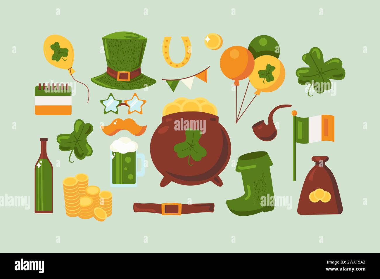 Vector Cartoon Happy Patrick's Day Set. Le printemps a isolé des éléments aux couleurs du drapeau irlandais Illustration de Vecteur