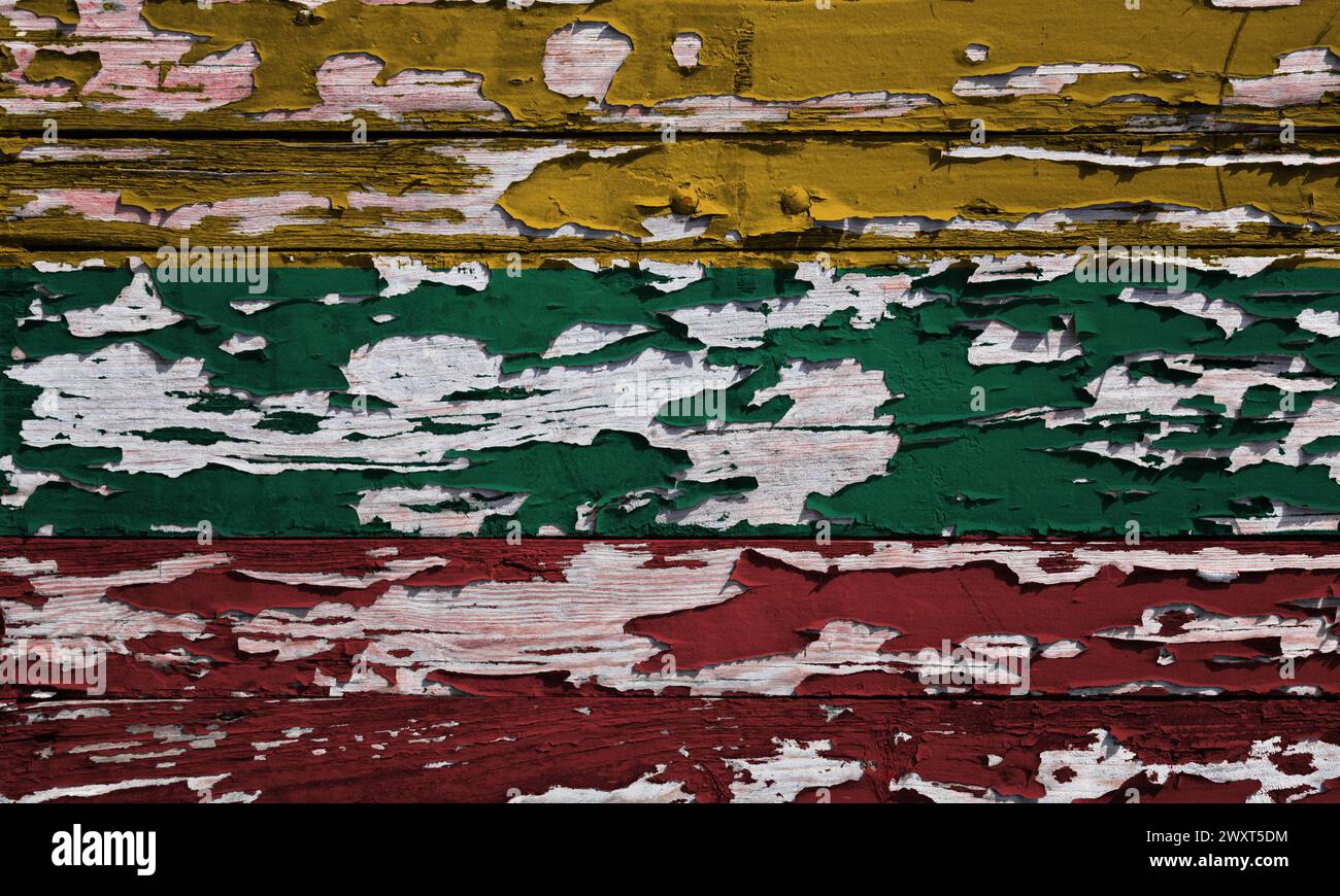 Drapeau de Lituanie peint sur une planche de bois grunge. Banque D'Images