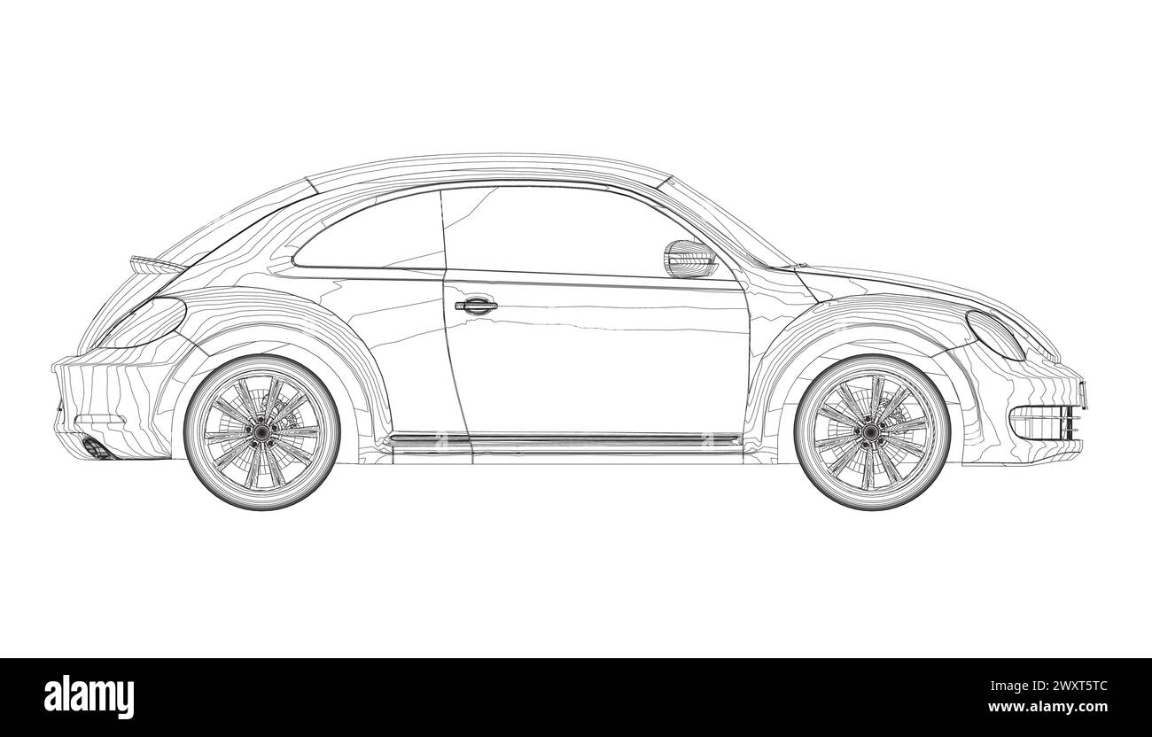 Beetle car - vectoriel illustration Outline. Conception d'illustration vectorielle d'icône isolée de coléoptère de véhicule de voiture. Vue latérale. Illustration de Vecteur