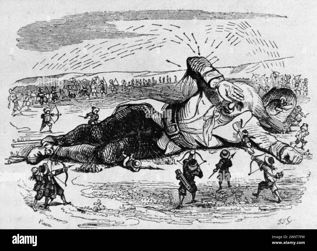 Gulliver est attaqué par les Lilliputiens, illustration du livre les voyages de Gulliver, de Jonathan Swift, Angleterre du XIXe siècle Banque D'Images