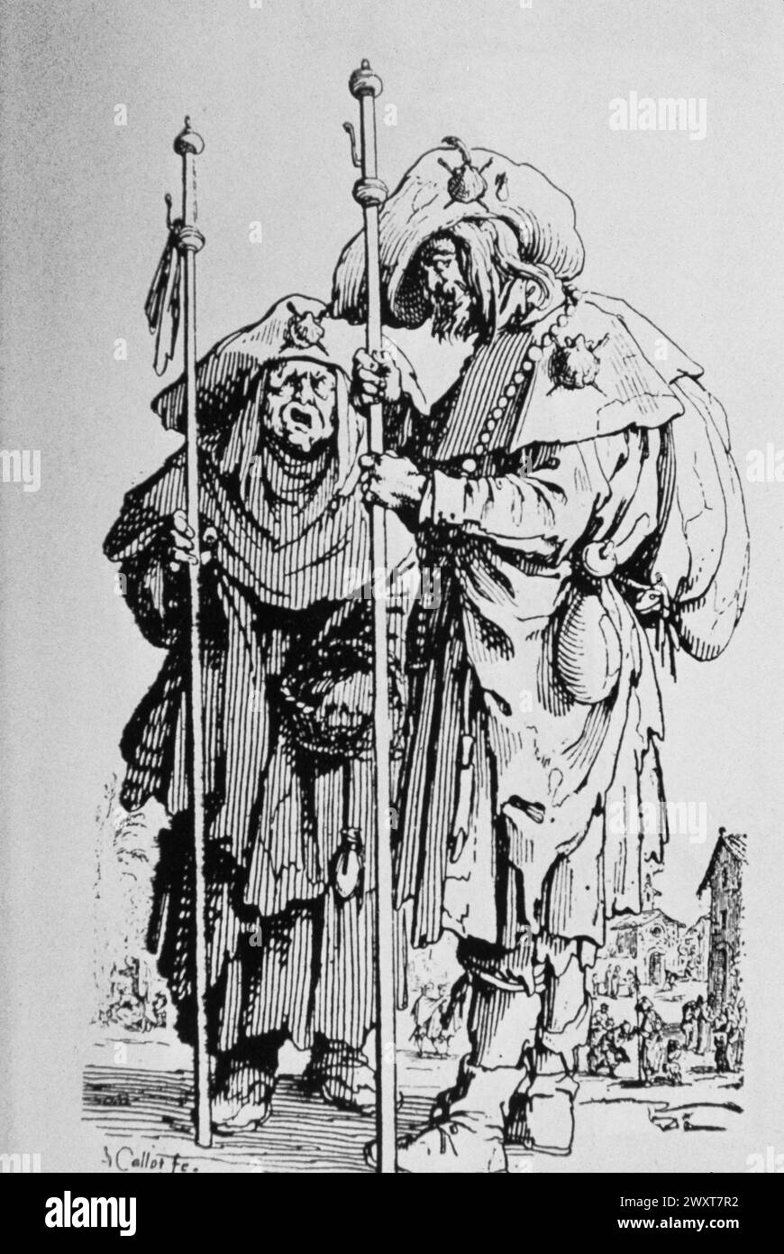 Pèlerins au XVIIe siècle, gravure de Jacques Callot, France Banque D'Images