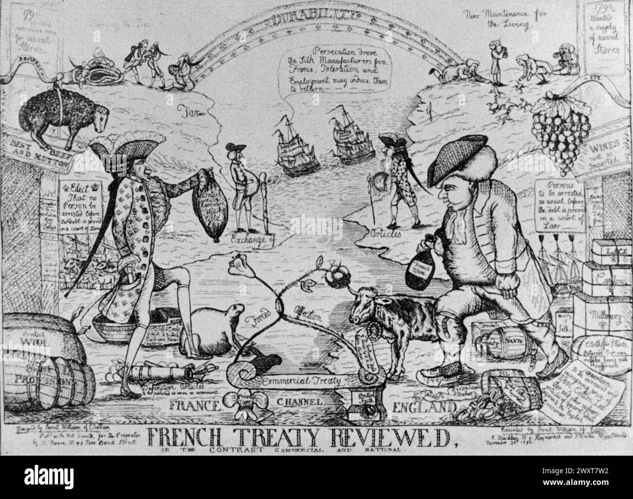 Traité français revu, illustration de dessin animé, Angleterre des années 1780 Banque D'Images