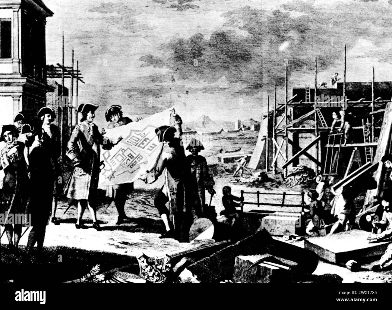 Pierre le Grand de Russie supervise la construction des préparées Petersbourg, illustration gravure du XVIIIe siècle Banque D'Images