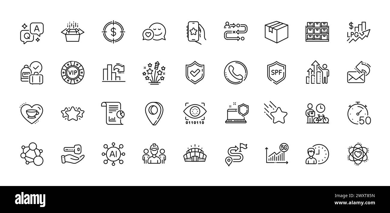 Pack d'icônes de ligne de protection SPF, de datation et d'emballage de boîtes. Pour l'application Web. Icônes de ligne. Vecteur Illustration de Vecteur