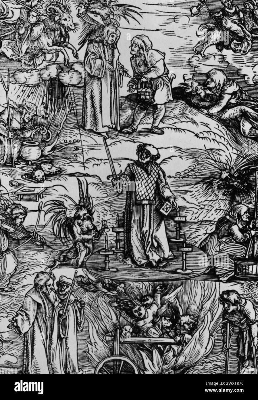 Un magicien entouré de scènes de sorcellerie, gravé sur bois du XVIe siècle Banque D'Images