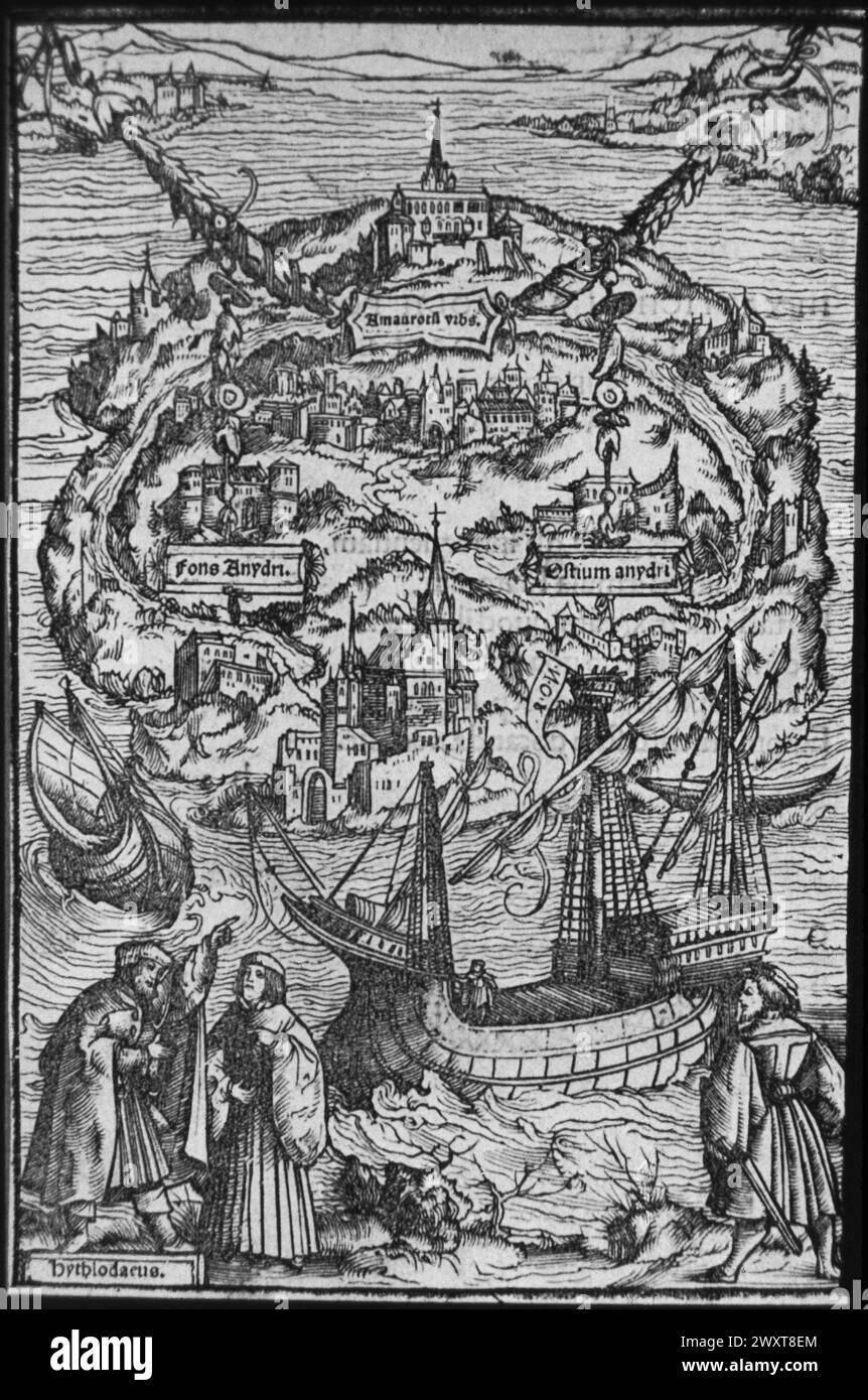 Sir Thomas More's Island of Utopia, ou Land of Nowhere, gravure sur bois d'une édition de 1518, Angleterre 16ème siècle Banque D'Images