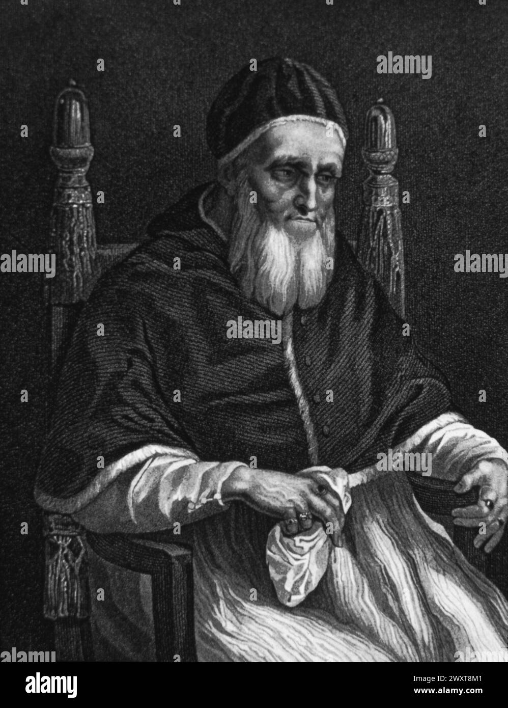 Portrait du pape Jules II, prince de la Renaissance et mécène des arts, gravure d'après Raphaël, Italie XVIe siècle Banque D'Images