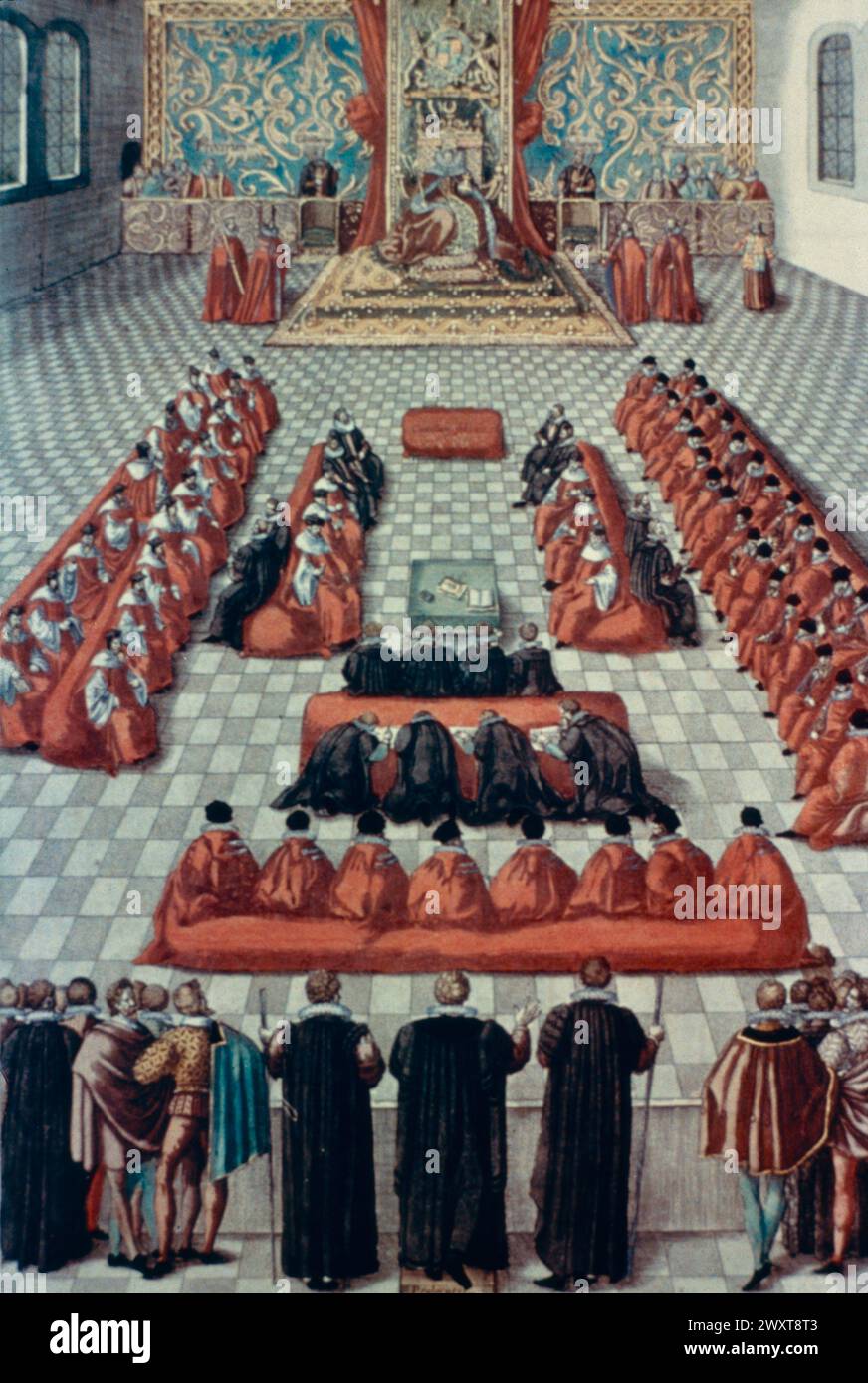 Reine Elizabeth I d'Angleterre devant le Parlement, peinture du XVIe siècle Banque D'Images