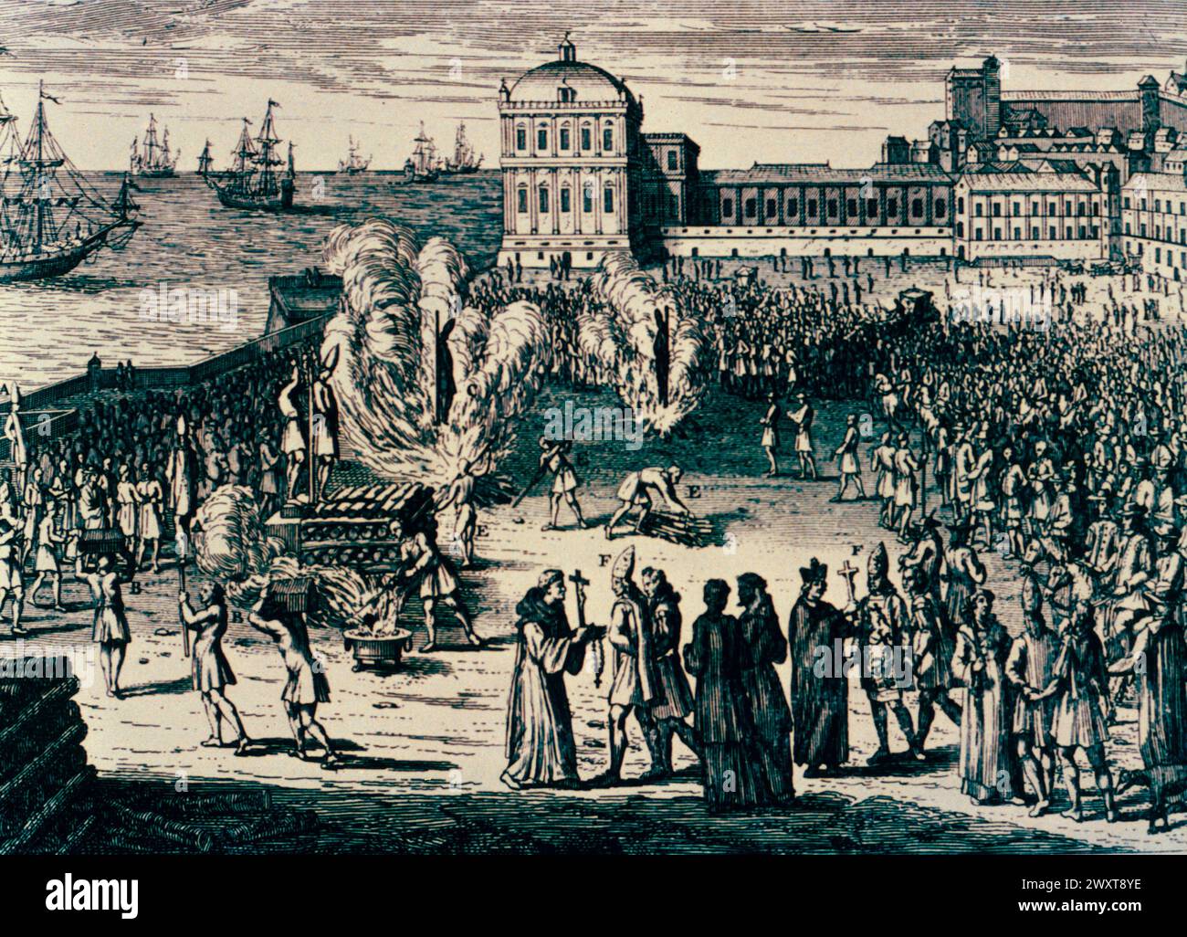 Brûlure publique d'hérétiques par l'Inquisition espagnole, gravure de l'artiste français Bernard Picart, XVIIIe siècle Banque D'Images