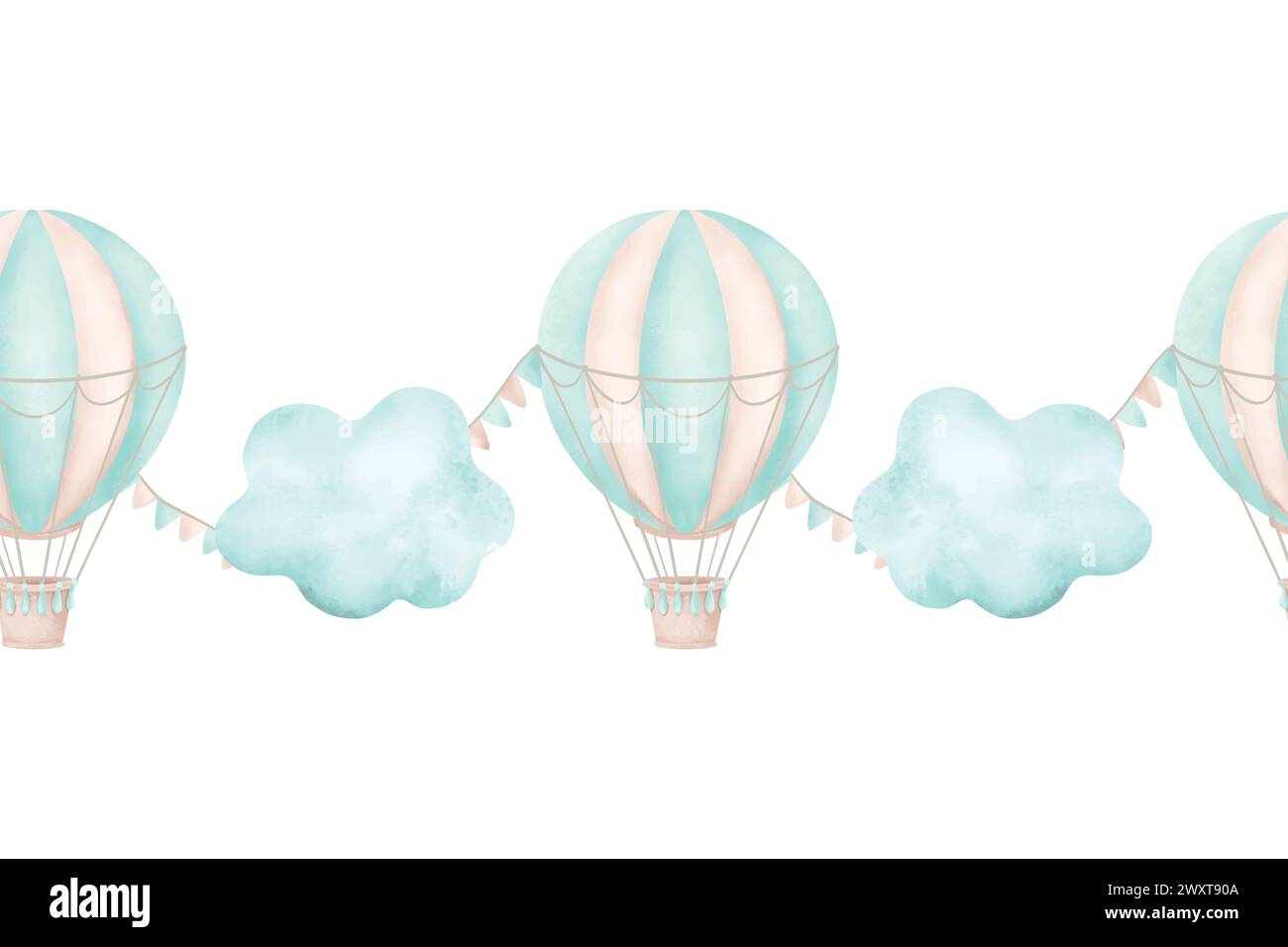 Montgolfière, nuages, frontière sans couture, aquarelle. Illustration vectorielle en couleurs pastel pour cartes, invitations, conception de chambre d'enfants, sites Web, printi Illustration de Vecteur