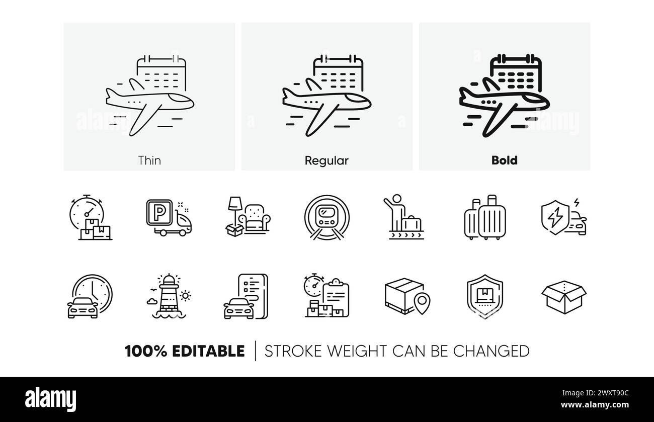 Icônes d'immatriculation de voiture, bagages et objets d'emballage. Pour l'application Web, impression. Icônes de ligne. Vecteur Illustration de Vecteur