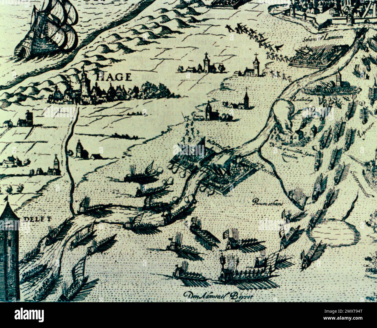 Les navires menés par Guillaume d'Orange arrivent par les eaux de crue pour chasser l'armée espagnole à Leyde, aux pays-Bas, illustration 16ème siècle Banque D'Images