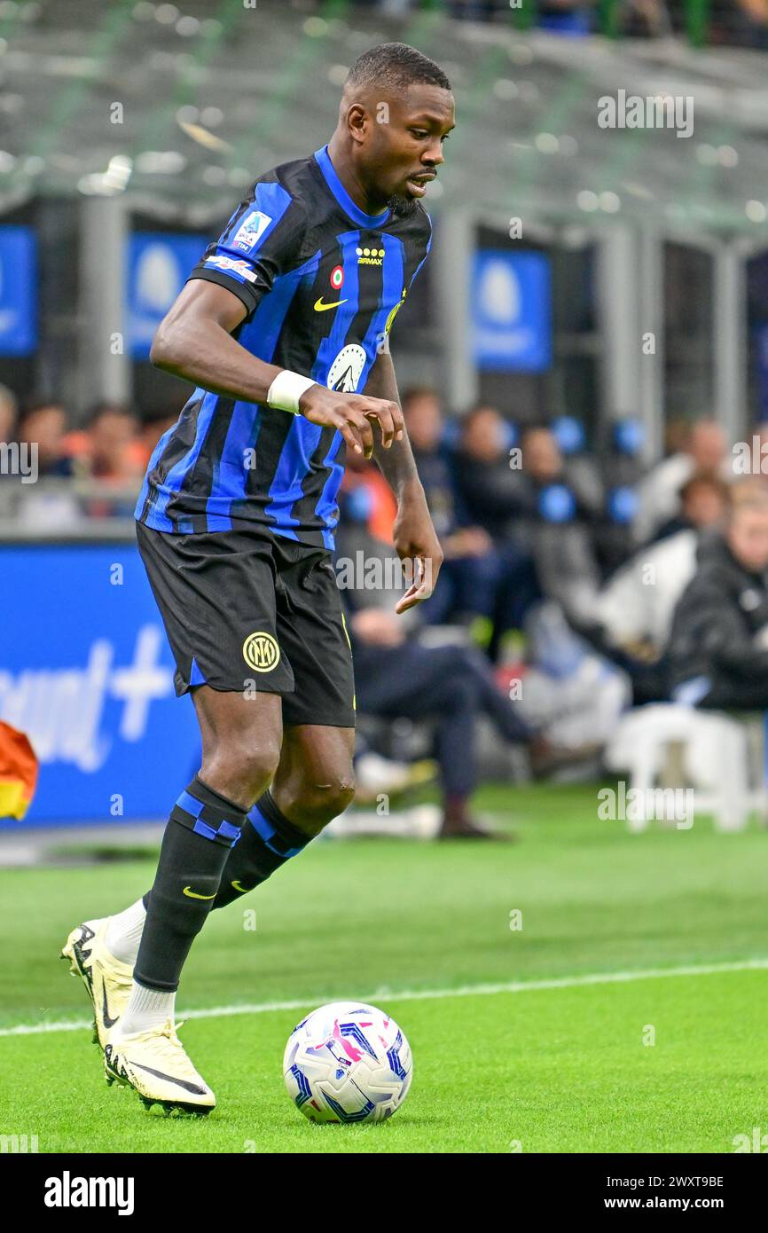 Milan, Italie. 01 avril 2024. Marcus Thuram (9 ans) de l'Inter a vu dans le match de Serie A entre Inter et Empoli à Giuseppe Meazza à Milan. (Crédit photo : Gonzales photo - Tommaso Fimiano). Banque D'Images