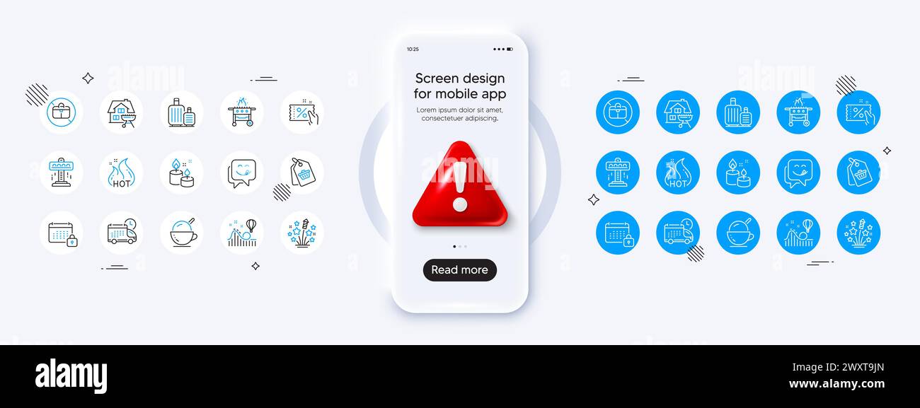 Coupon de réduction, calendrier et icônes de ligne de crème glacée. Pour l'application Web, impression. Maquette de téléphone avec icône danger 3D. Vecteur Illustration de Vecteur