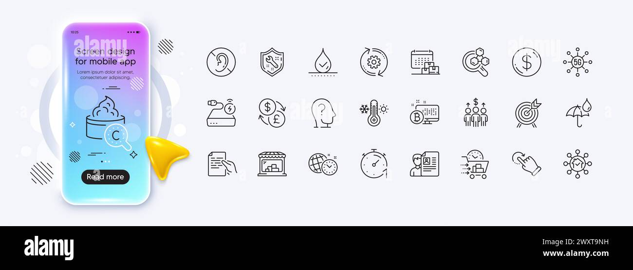 Peau de collagène, aucune audition et icônes de ligne de marché pour l'application Web. Icône de pictogramme. Écran dégradé de la maquette de téléphone. Vecteur Illustration de Vecteur