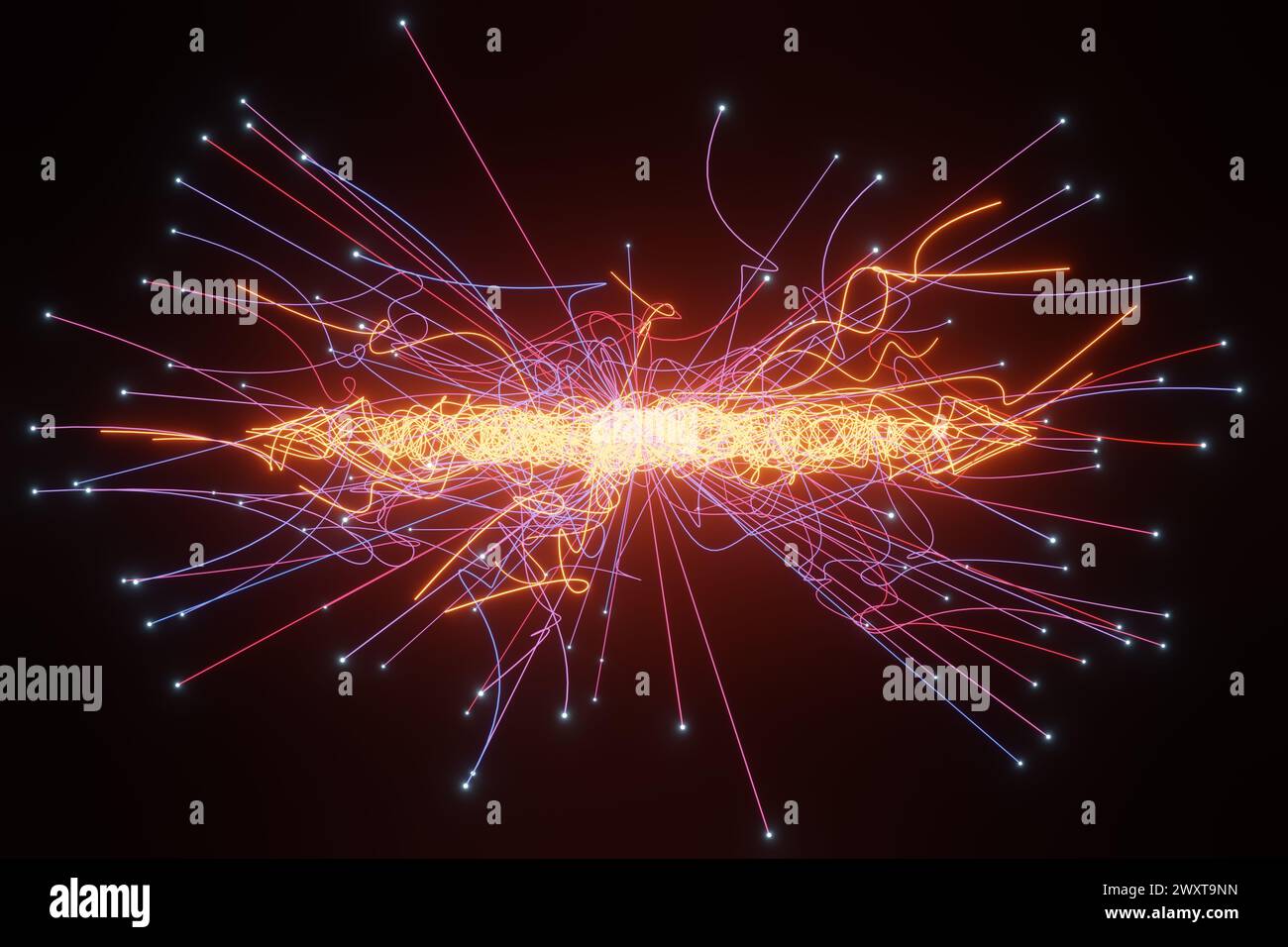 Lignes droites et courbes lumineuses de couleur néon émettant à partir d'un noyau central sur fond noir. Illustration comme élément de conception technologique Banque D'Images