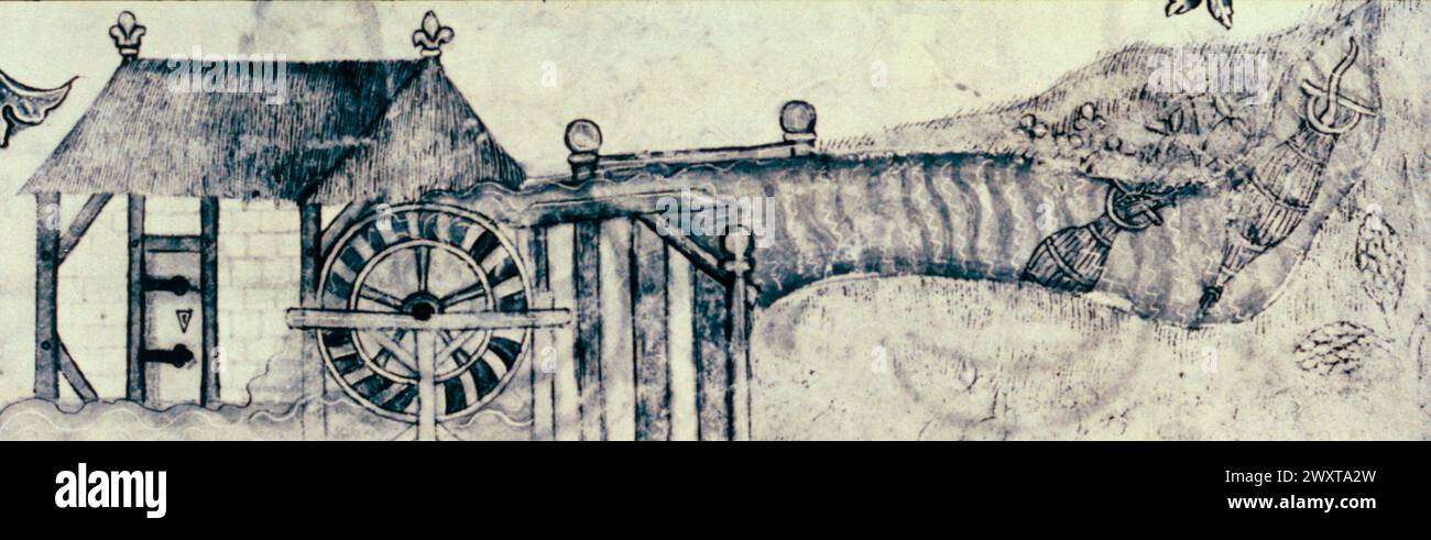 Un moulin à eau, illustration du Psautier de Luttrell, XIVe siècle Banque D'Images