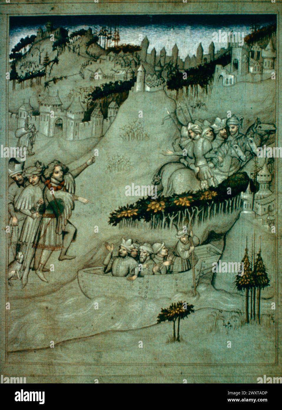Voyage des pèlerins à Jérusalem, illustration du manuscrit du XIVe siècle Banque D'Images