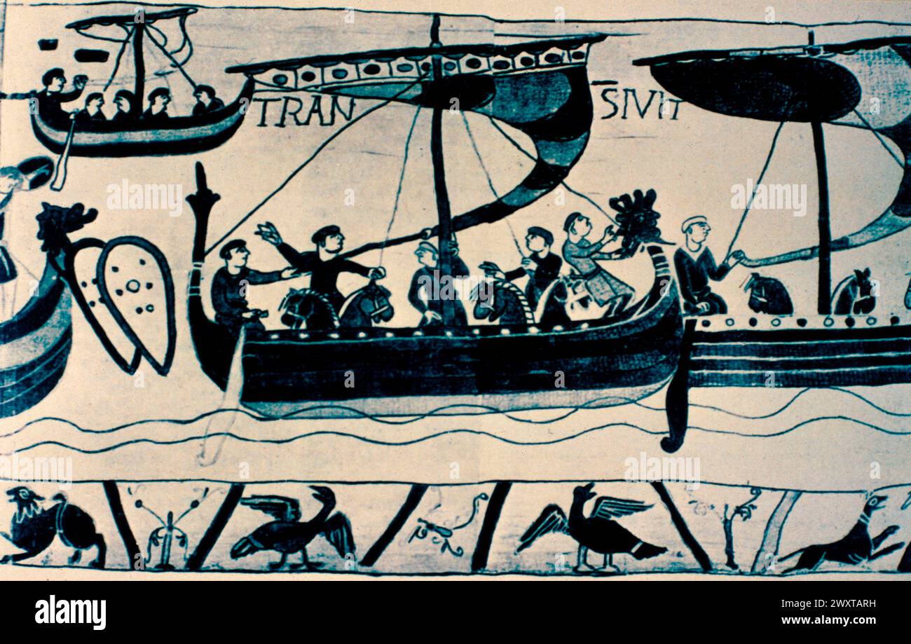 La tapisserie de Bayeux montrant la conquête normande de l'Angleterre par Guillaume le Conquérant, 1100 AD Banque D'Images
