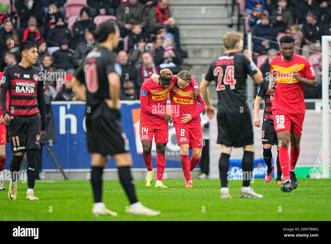 Le FC Midtjylland rencontre le FC Nordsjaelland en Super League à Herning le lundi 1er avril 2024. FC Midtjylland moeder FC Nordsjaelland i Superligaen i Herning mandag den 1. avril 2024. Banque D'Images