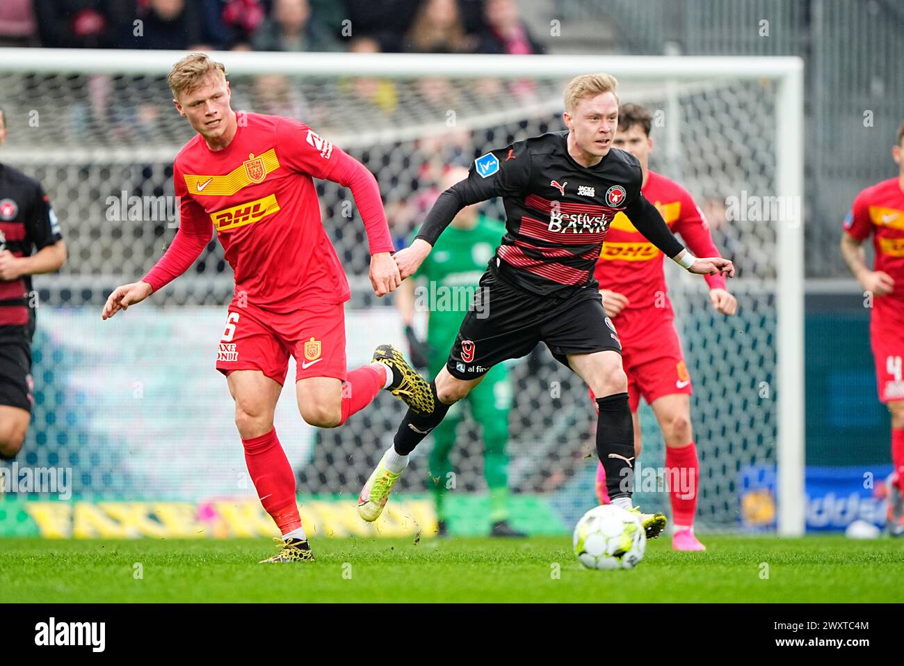 Le FC Midtjylland rencontre le FC Nordsjaelland en Super League à Herning le lundi 1er avril 2024. FC Midtjylland moeder FC Nordsjaelland i Superligaen i Herning mandag den 1. avril 2024. Banque D'Images