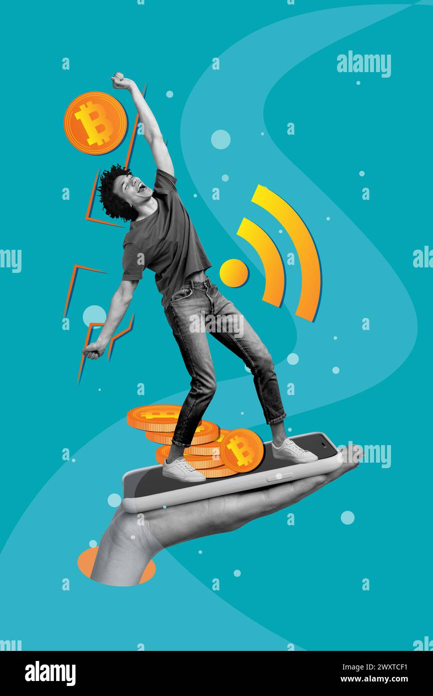 Vertical Creative Picture collage jeune homme heureux surfeur smartphone appareil signal de monnaie numérique bitcoin investissement transfert d'échange Banque D'Images