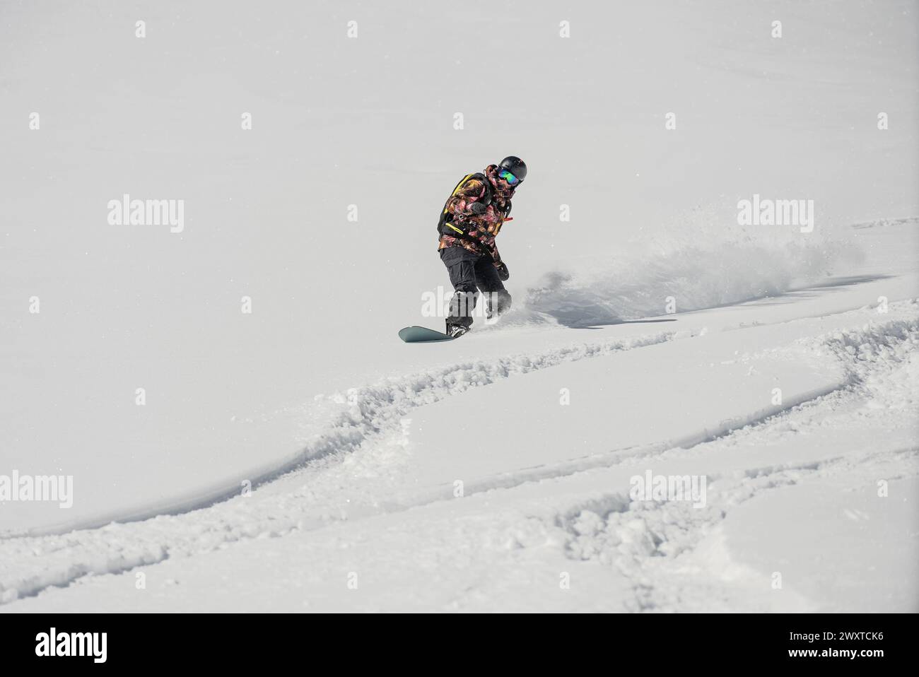 Snowboard freeride en hiver. Heliboarding freeride. Rouler dans la poudreuse sur Snowborad. Ski, Snowboard freeride i neige poudreuse profonde. Gudauri Georgia Cau Banque D'Images